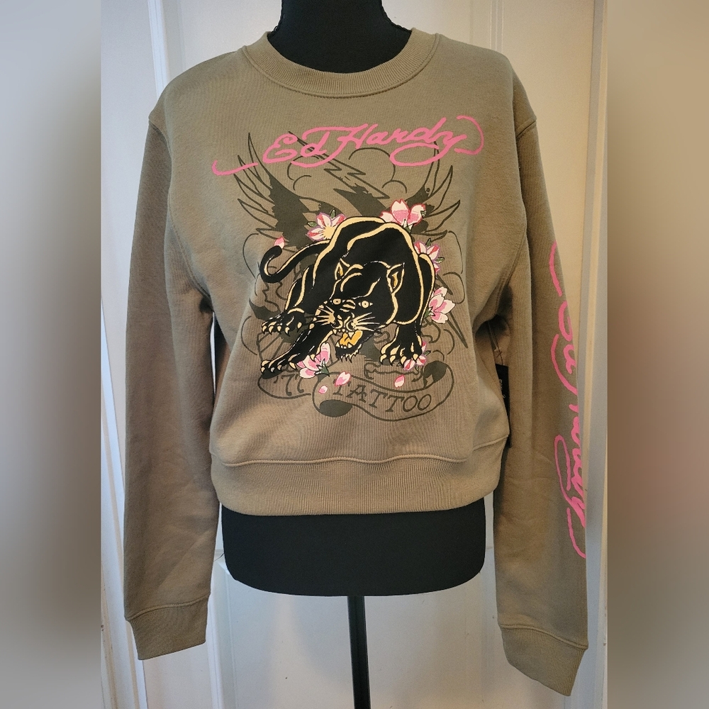 Ed Hardy Retro Panther Tattoo Inspired Pullover Crop Sweatshirt